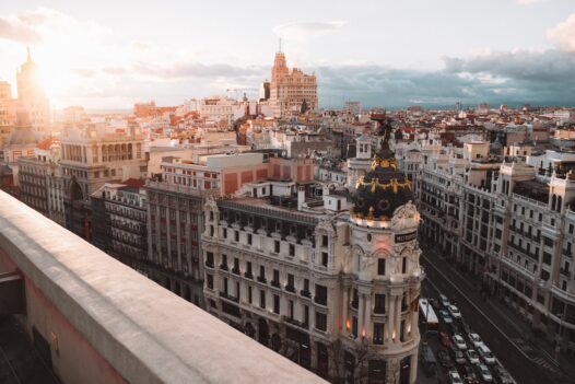 A European city with historic buildings as seen from a birds eye view