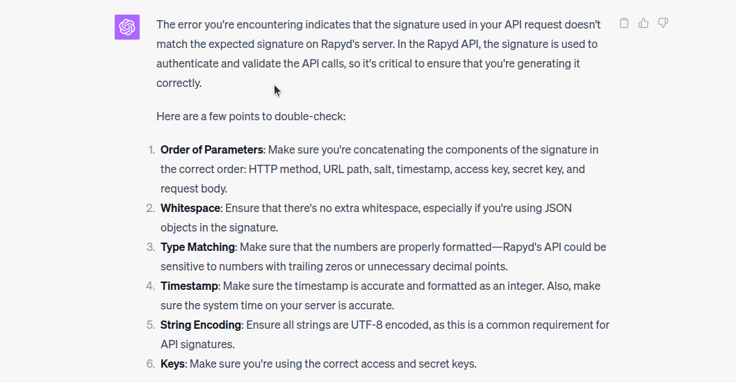 ChatGPT's explanation of the error message regarding incorrect signature